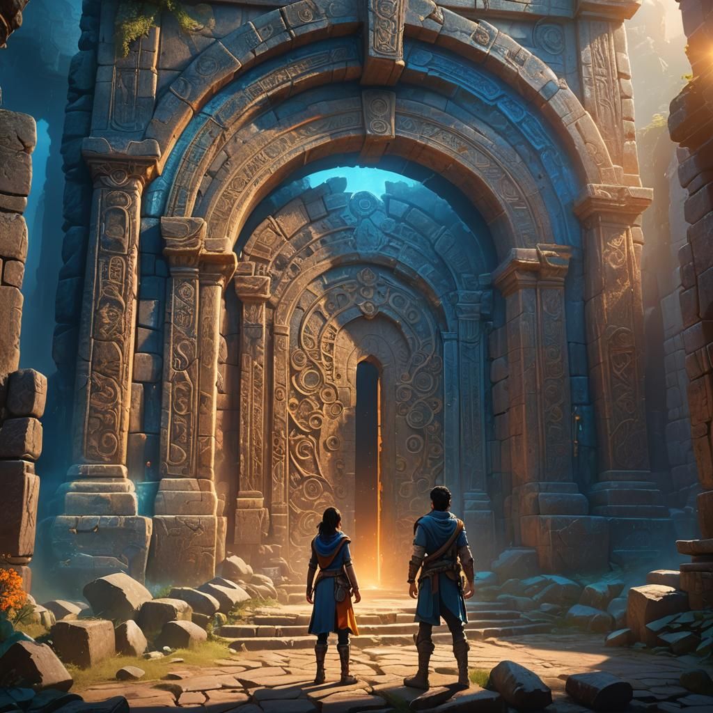 Adventurer at Mystical Portal in Ancient Ruins