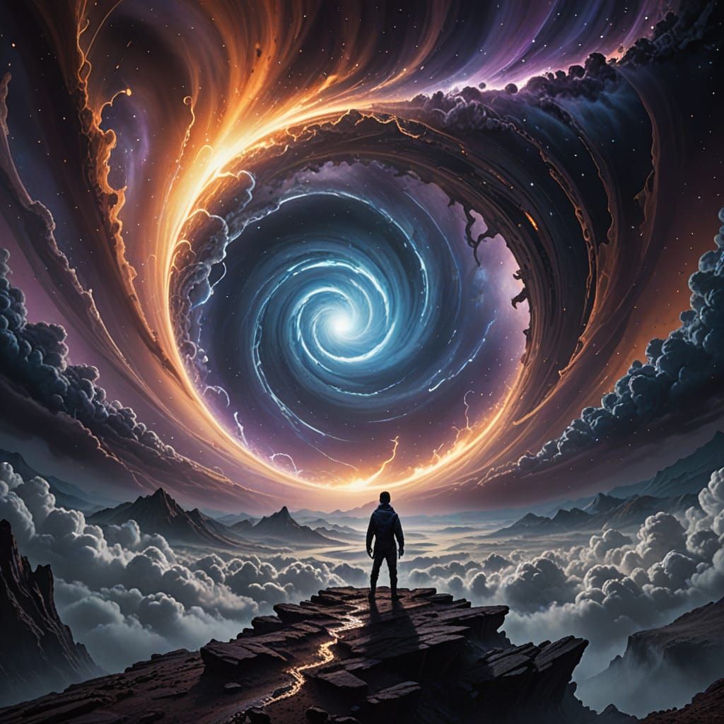 Person Faces Cosmic Vortex in Epic Sci-Fi Art