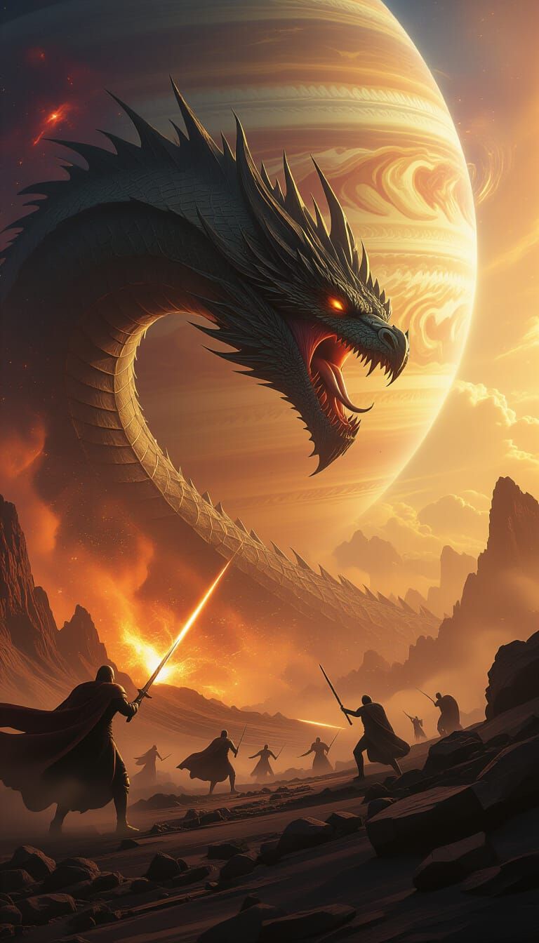 Saturn's Giants Battle Dragon in Cosmic Landscape