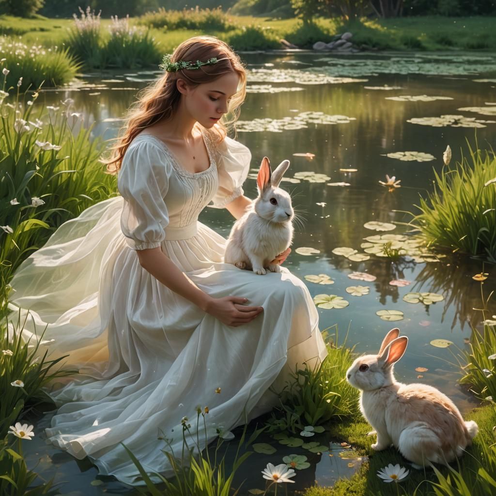 Woman and Rabbit in Dreamy Emerald Field