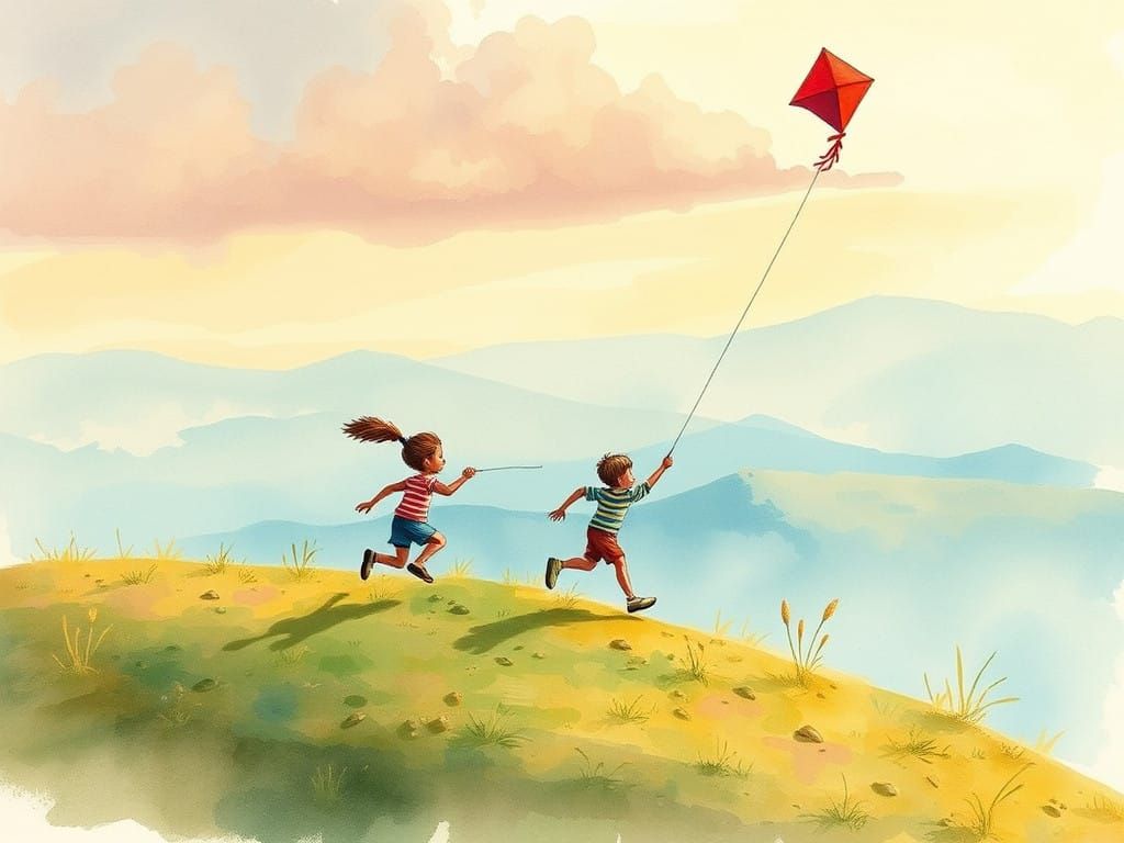 Joyful Children Flying Kites on a Hillside in Vibrant Pastel...