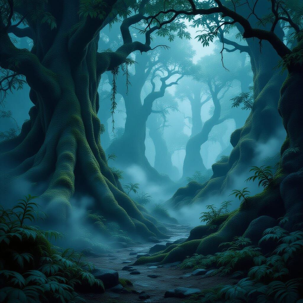 Mysterious Forest with Serpentine Mist in Fantasy Art Style