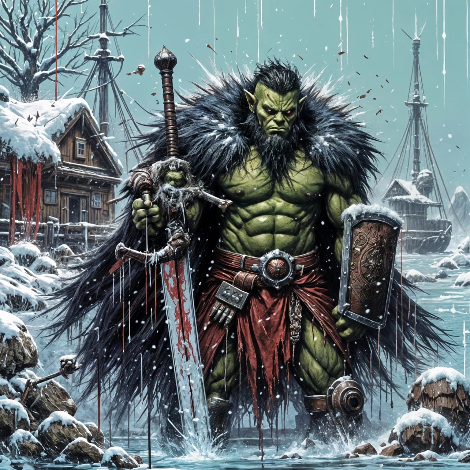 Orc Warrior in Winter Village: Surrealist Concept Art