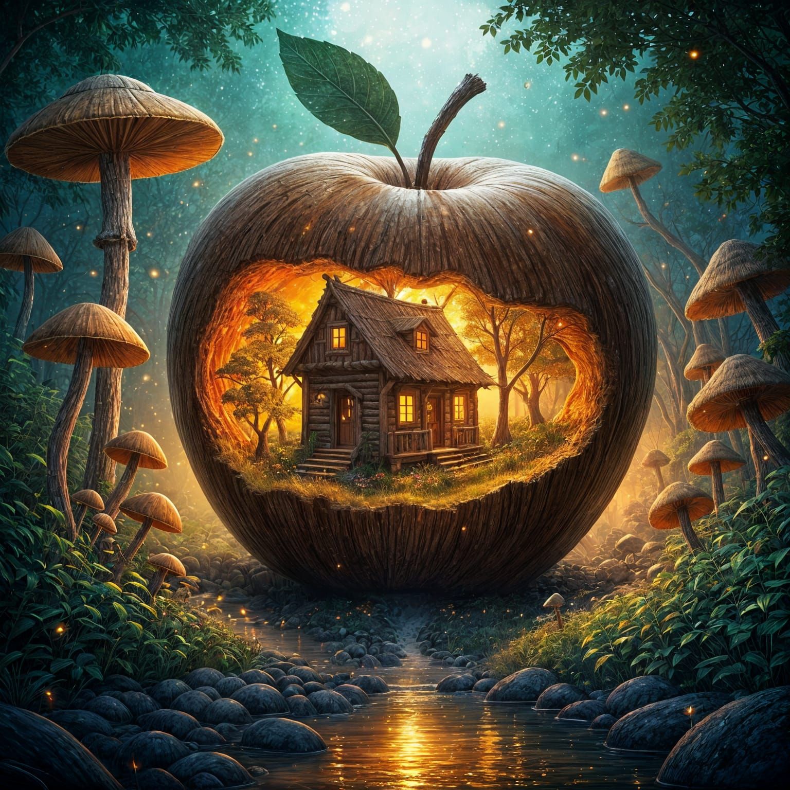Magical Village House Inside Giant Apple, Ethereal Lighting