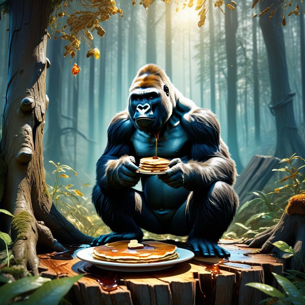 Gorilla's Whimsical Breakfast in Fantasy Forest