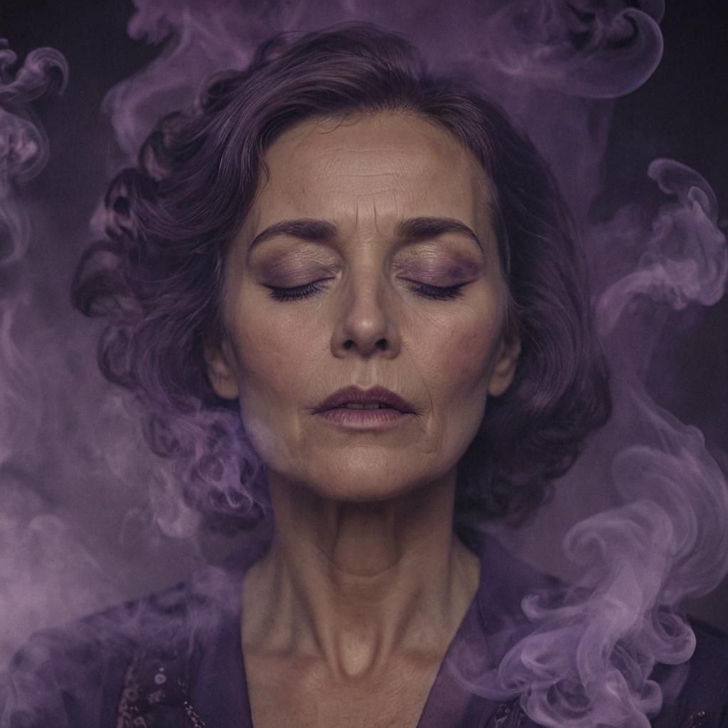 Dramatic Film Still of Woman Exhaling Purple Smoke