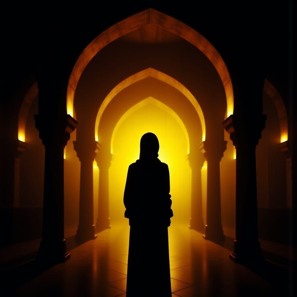 Mosque Interior with Yellow Lighting and Hijabi Silhouette
