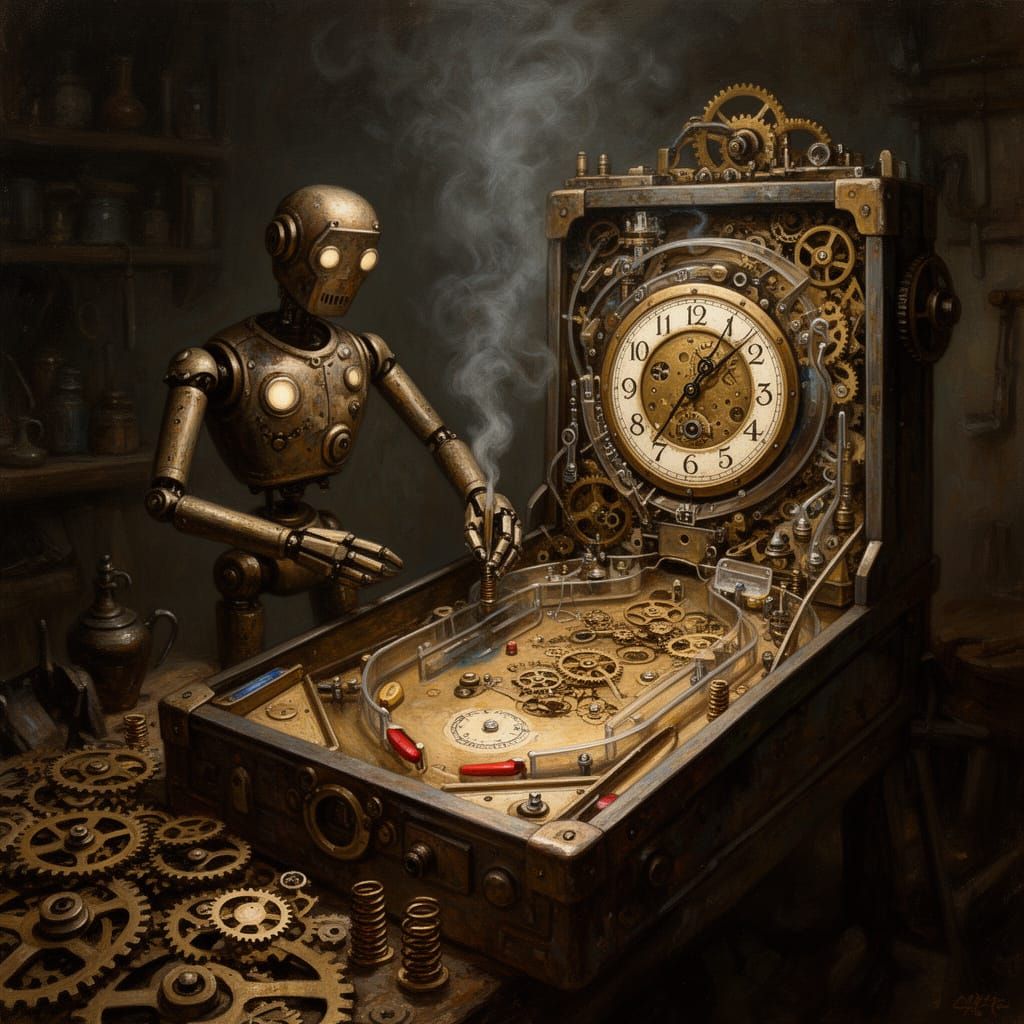 Steampunk Automaton Building Clockwork Pinball Machine