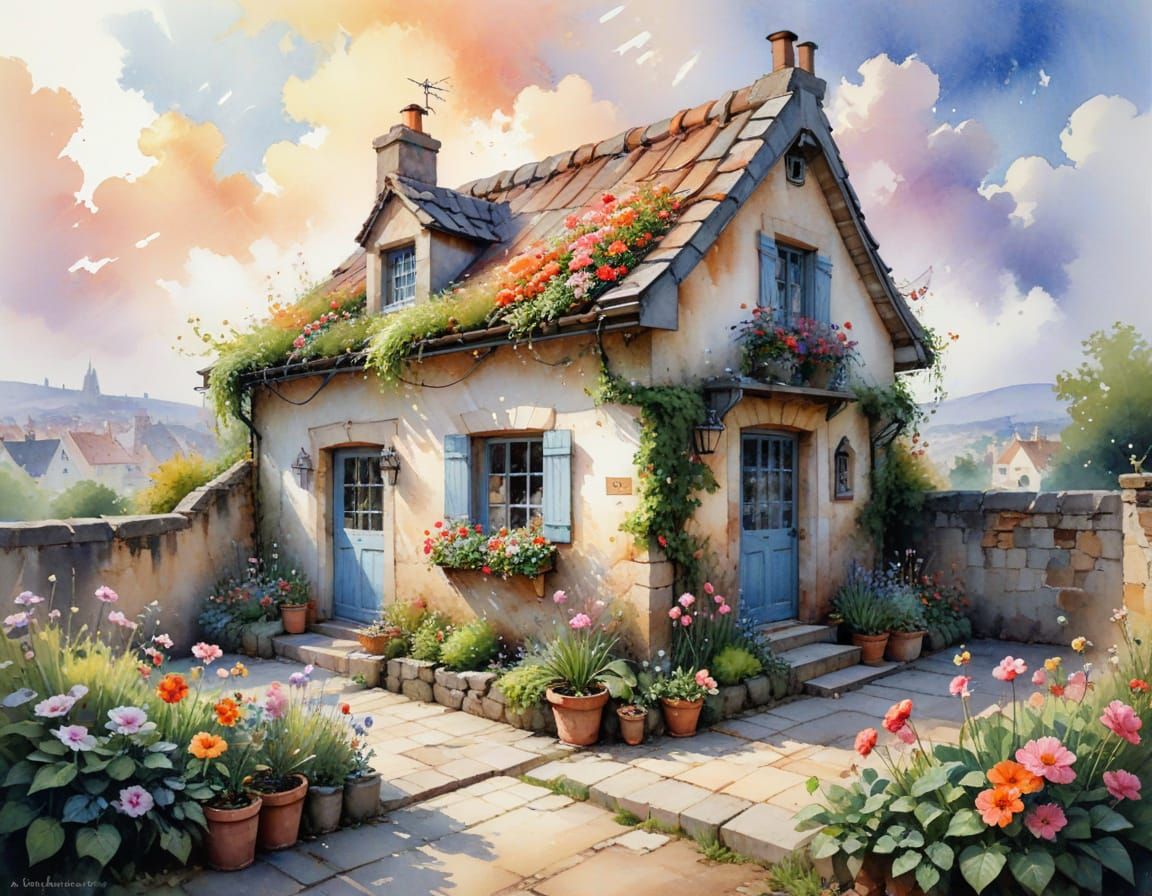 Fairy Tale Rooftop Garden Retreat in Watercolour Style