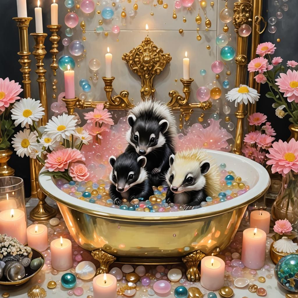 Skunks' Candlelit Bath: An Acrylic Watercolor