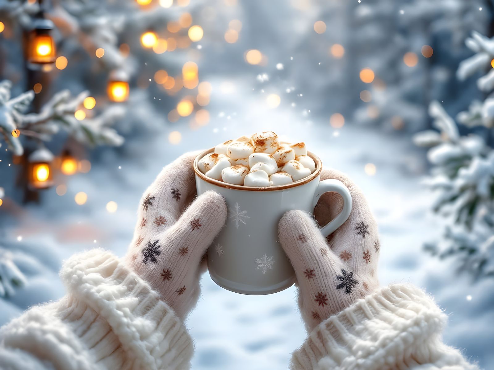 Winter Trail Hot Chocolate with Bokeh Lights