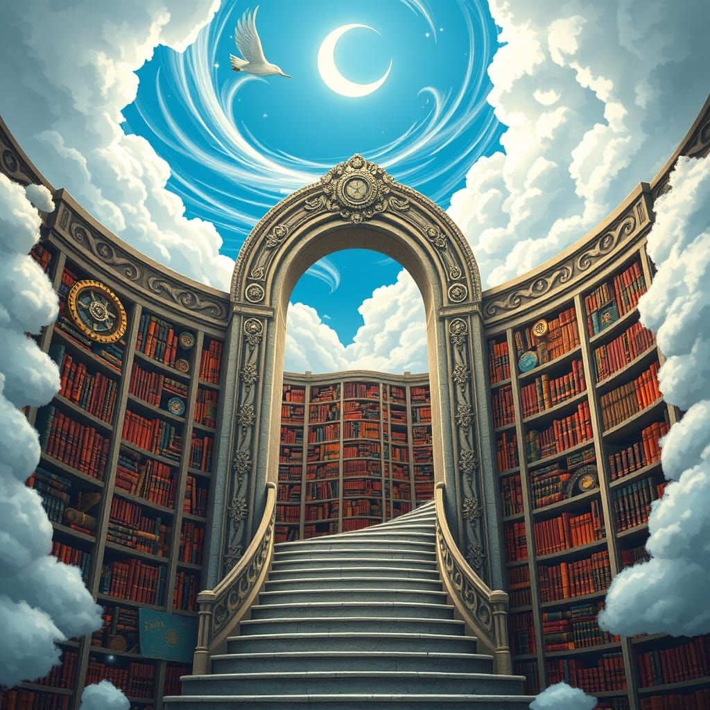 Dreamlike Steampunk Library Hidden Within Celestial Skies