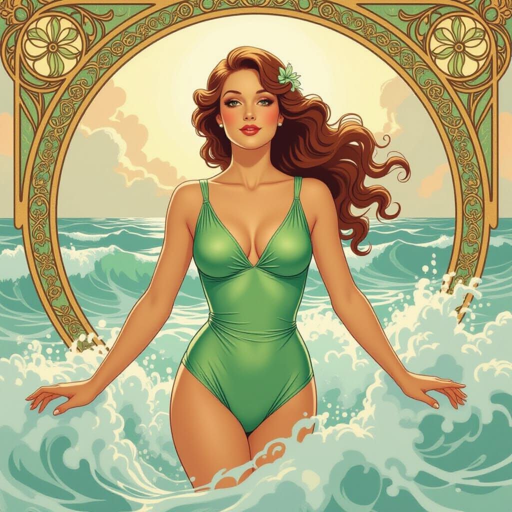 Aphrodite Emerges from the Ocean in Art Nouveau Style