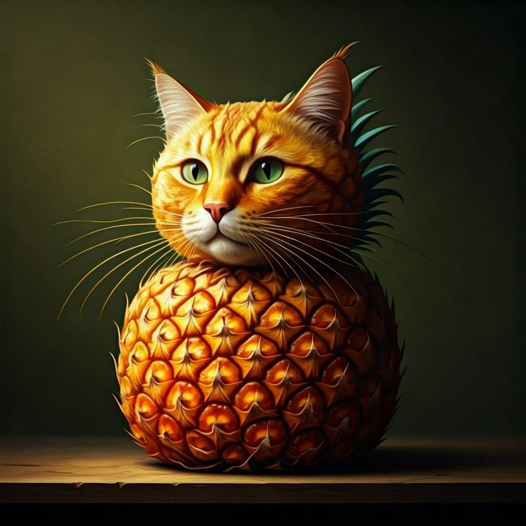 Regal Pineapple Cat in Vibrant Tropical Sunset Hues