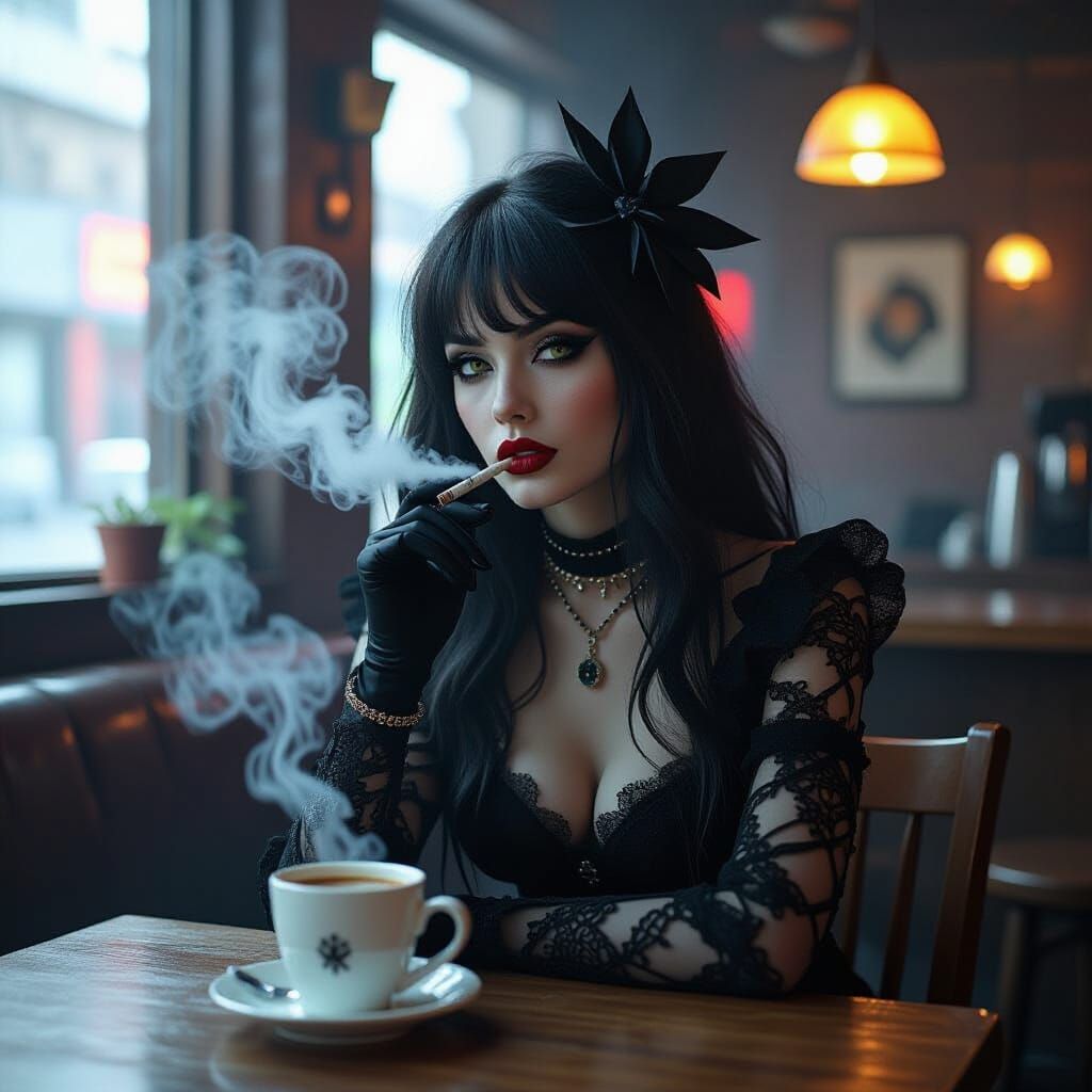 Goth Model in Surreal Urban Coffee Shop