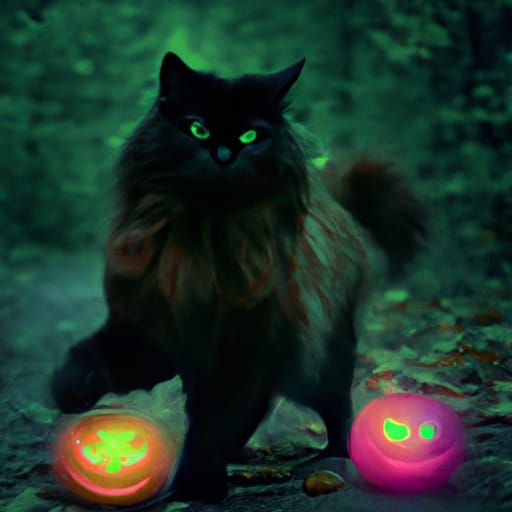 Black Cat Juggling Jack-O'-Lanterns in Synthwave Style