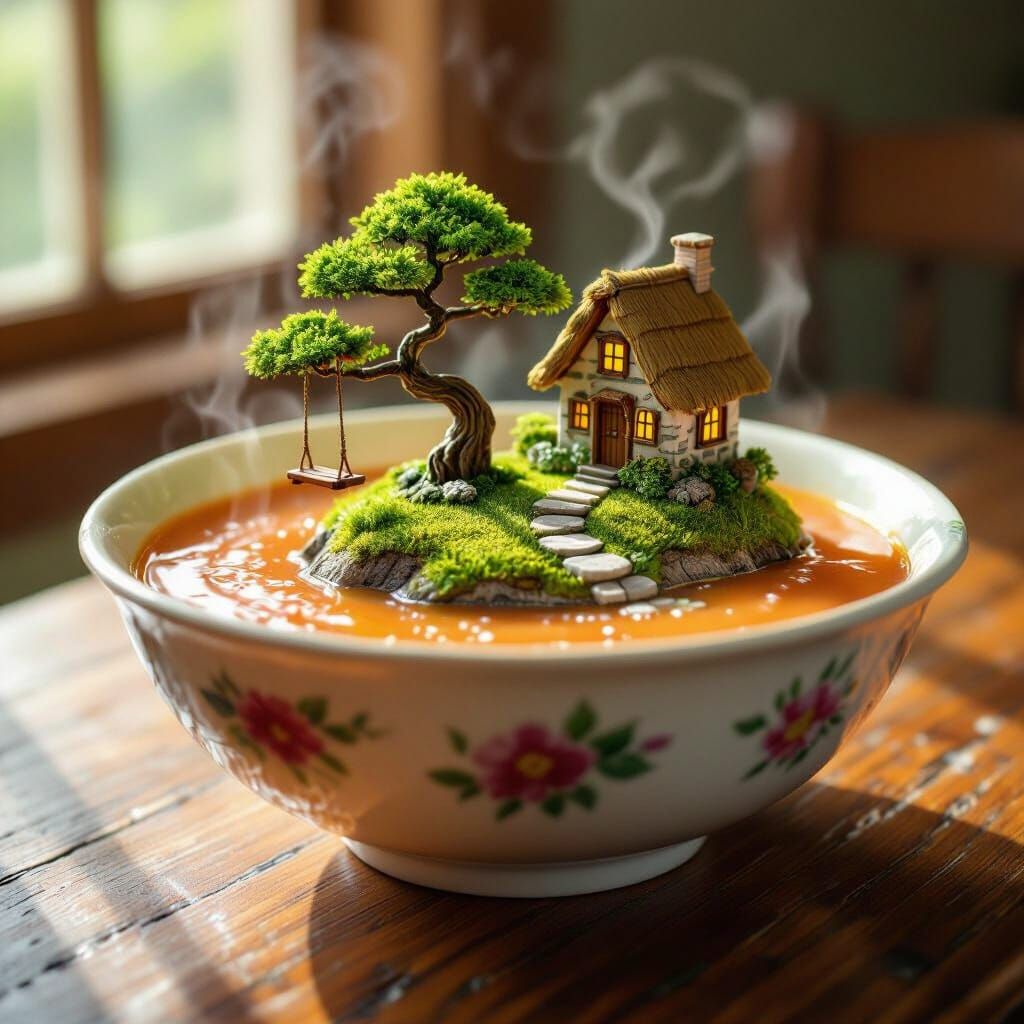Whimsical Soup Island with Bonsai and Cottage
