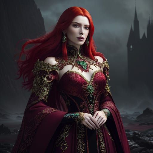 Futuristic Realism Portrait of a Red-Headed Woman in Deep Bl...