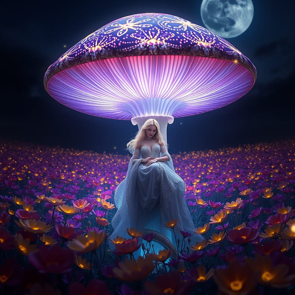 Enchanted Mushroom Goddess in Whimsical Flower Fields
