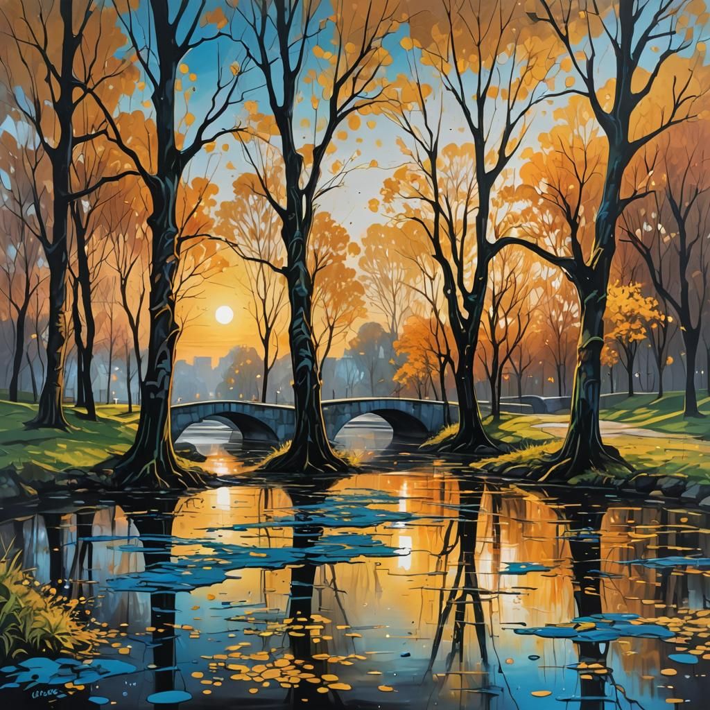 Tranquil Riverside Park at Sunset: Graffiti Art Style