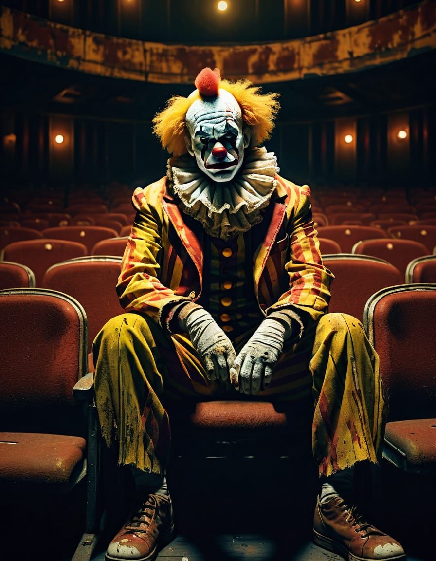Melancholic Clown in Deserted Theater: Surreal Digital Art