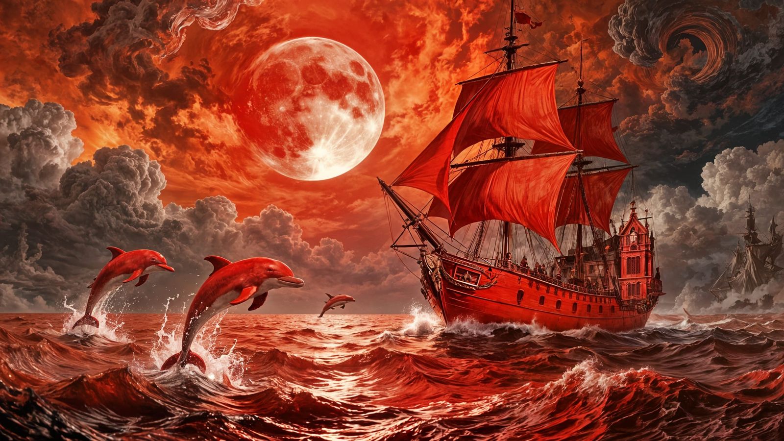 Crimson Seas Galleon Under Fiery Skies
