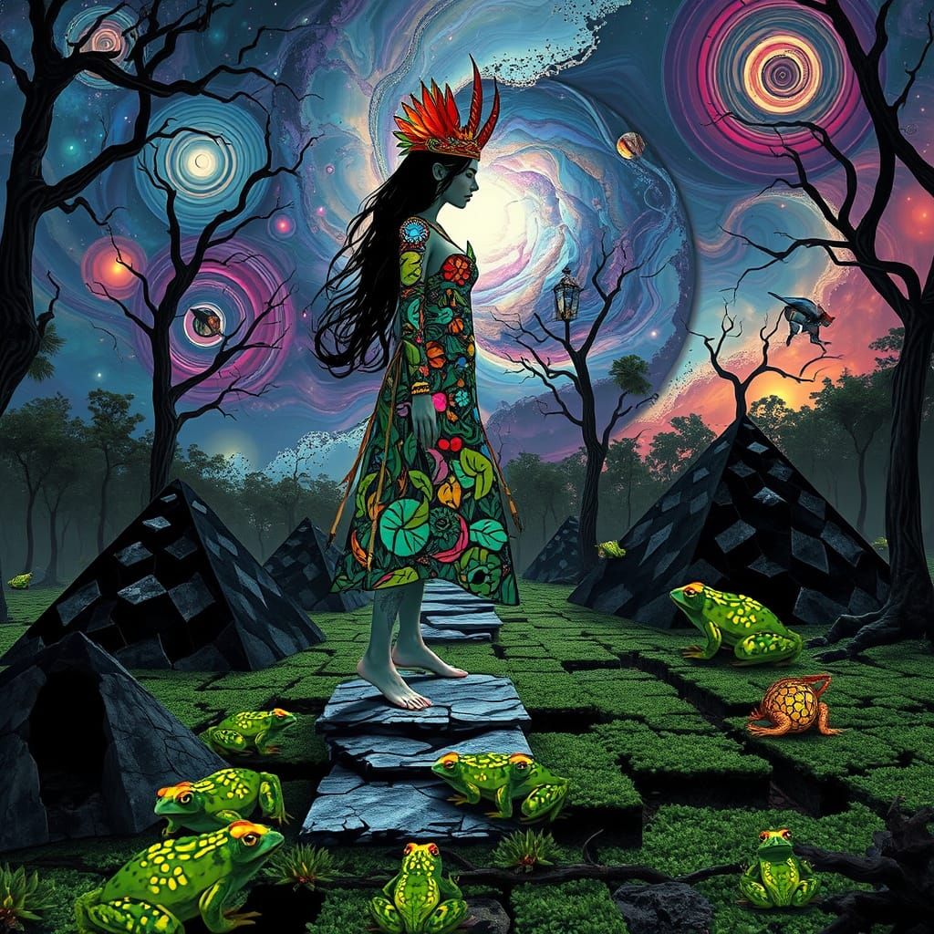 Surreal Woman Walking on Pyramids with Frogs