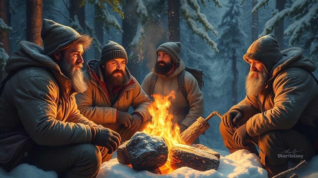 Men Brave Fierce Winter Storm by Campfire