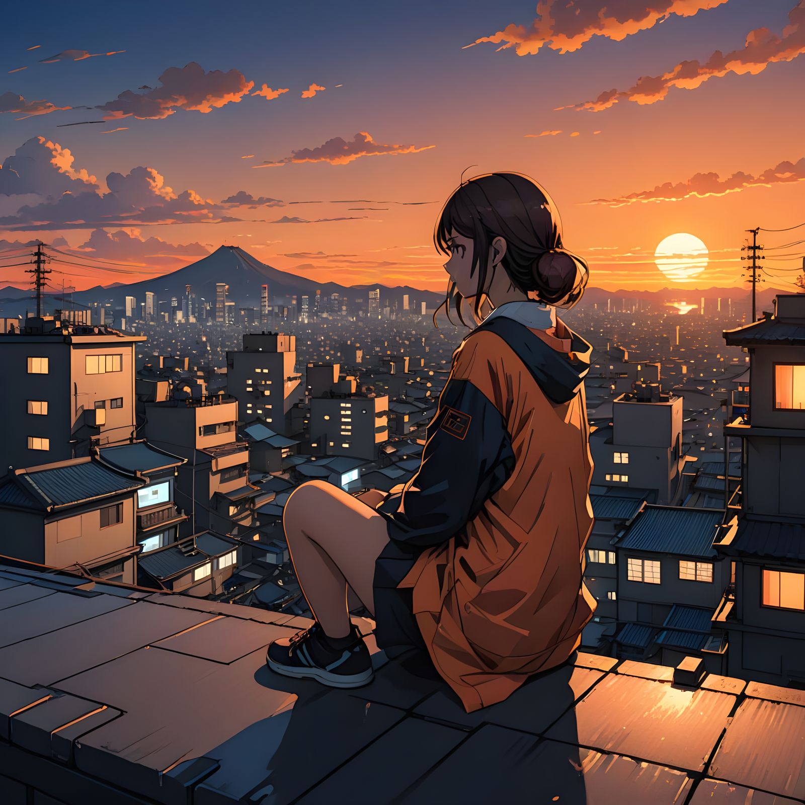 Surreal Anime Cityscape from a Rooftop Vantage Point