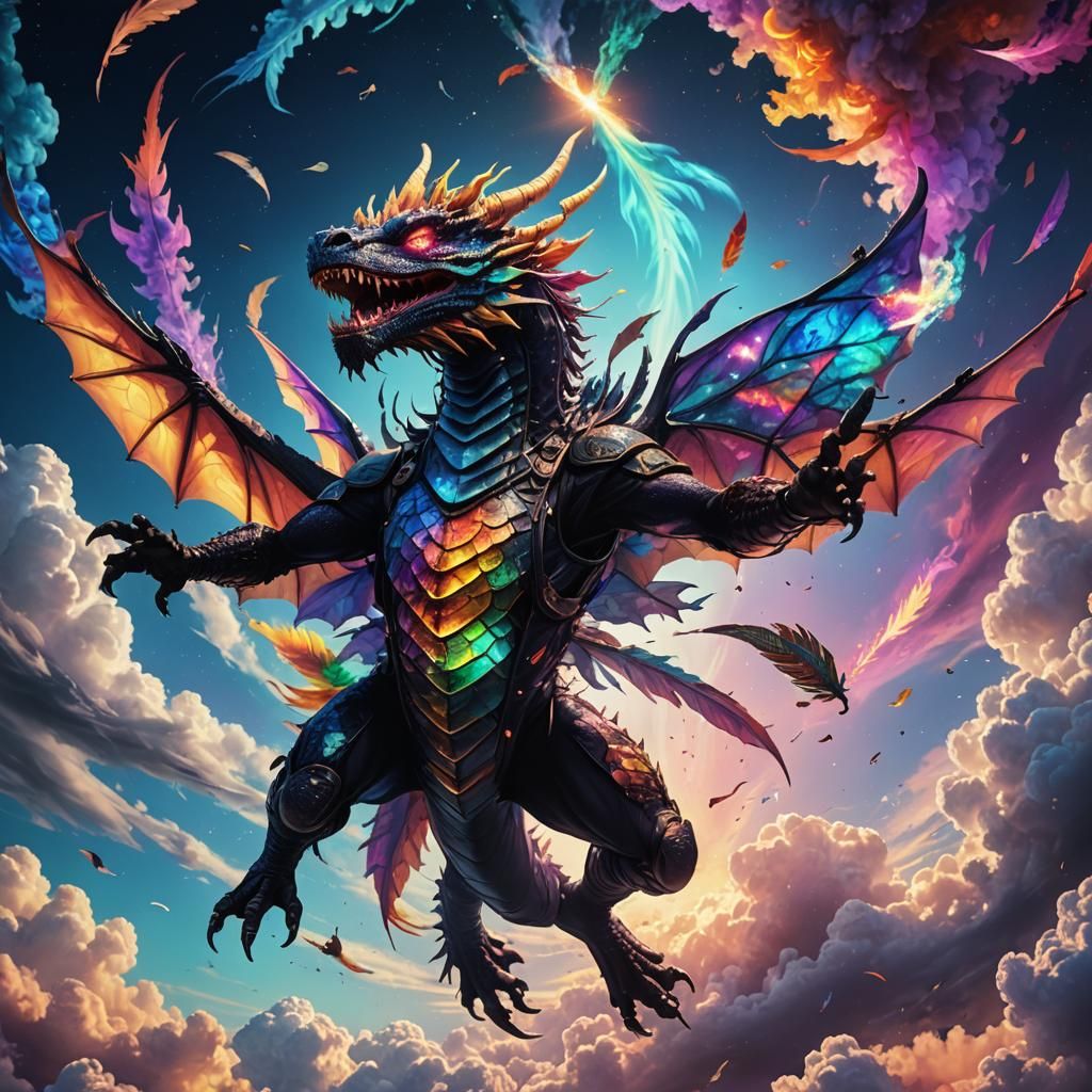 Demon Dragon Skydiving: Surreal Cosmic Illustration