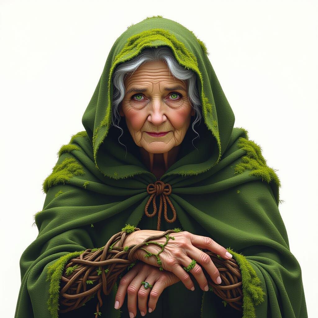 Ethereal Moss-Cloaked Woman in Hyperdetailed Fantasy Style