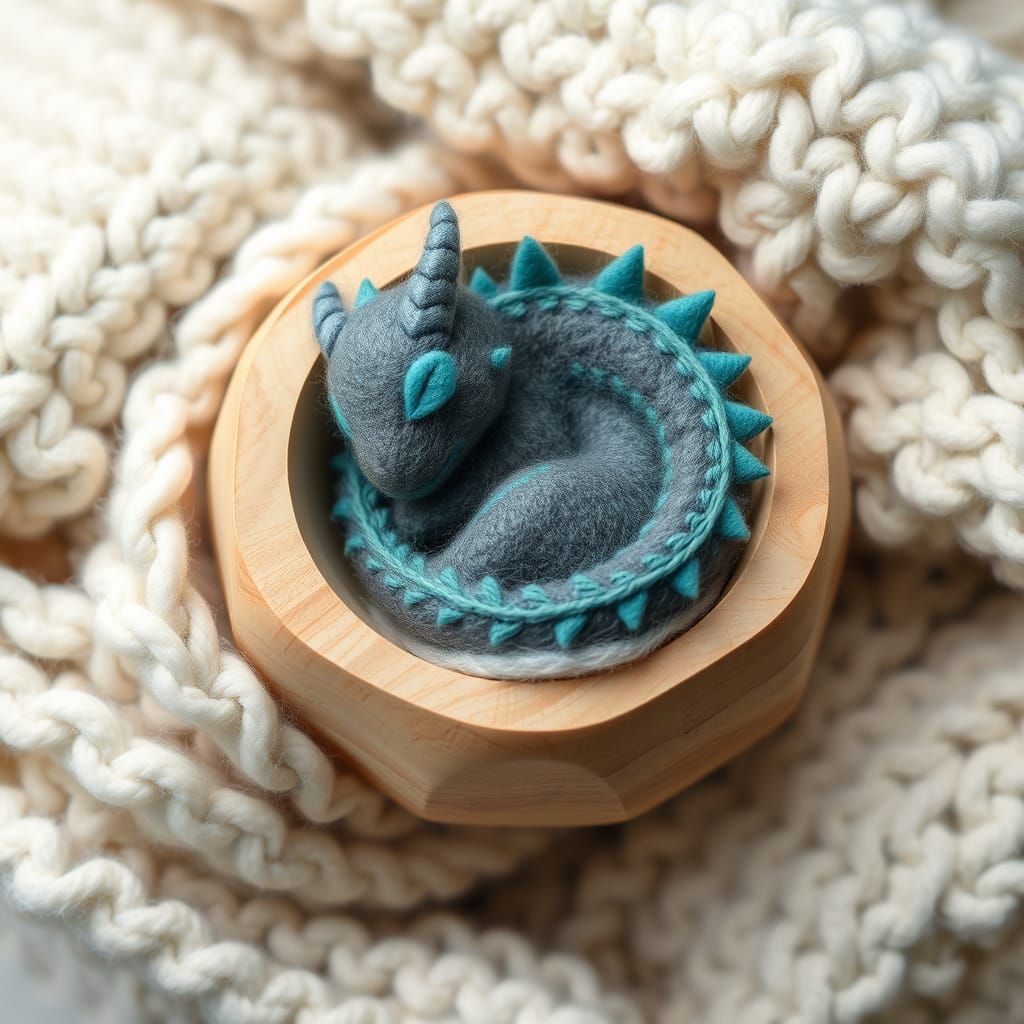 Tiny Needle-Felted Dragon Sleeping in a Bowl