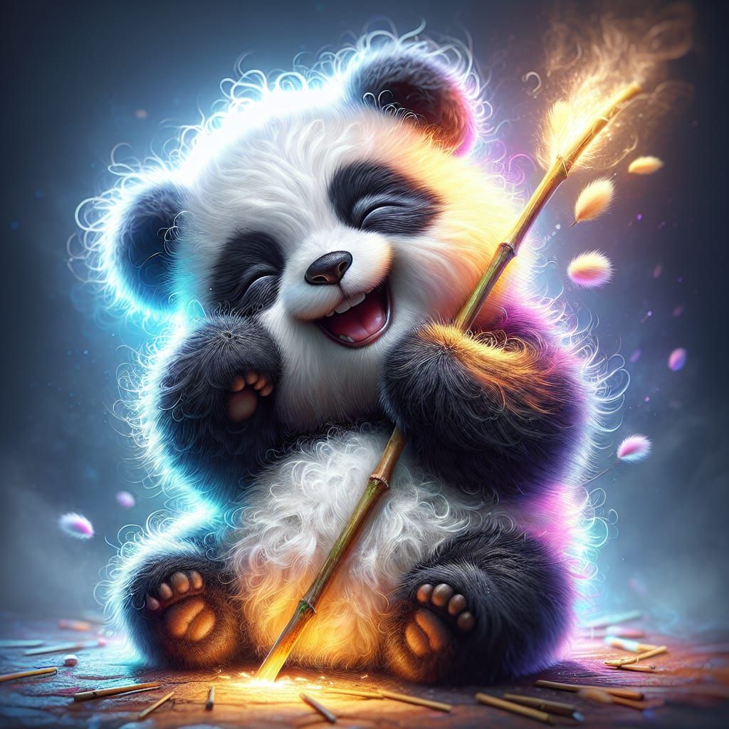 Joyful Fluffy Panda Hugging Bamboo in Fantasy Land