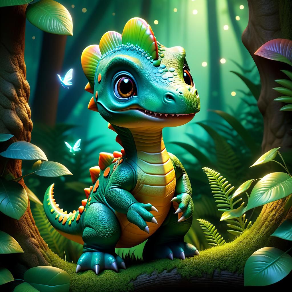 A baby dinosaur in a fairy forest