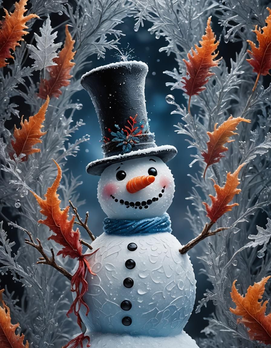 Snowman Adorned with Vivid Red Feathers