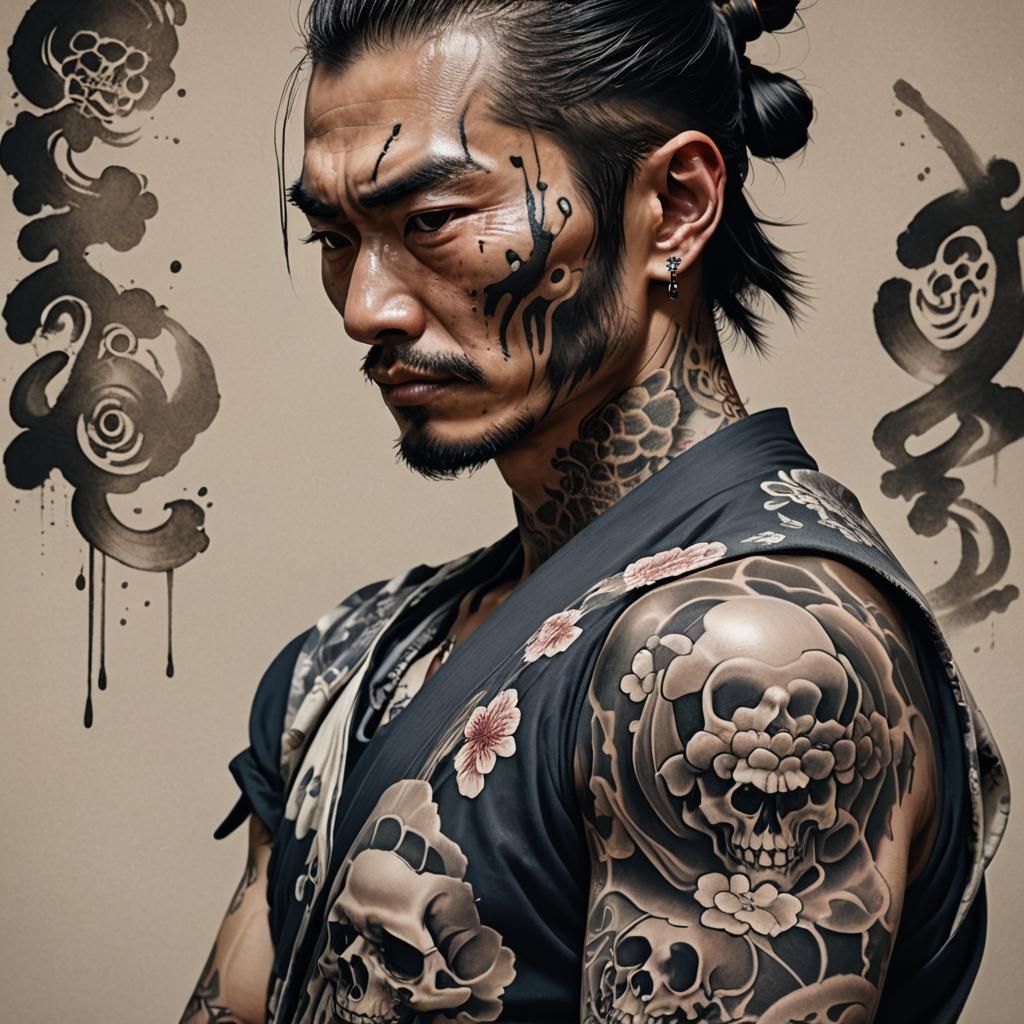 a samurai man with a tattoo on his arm