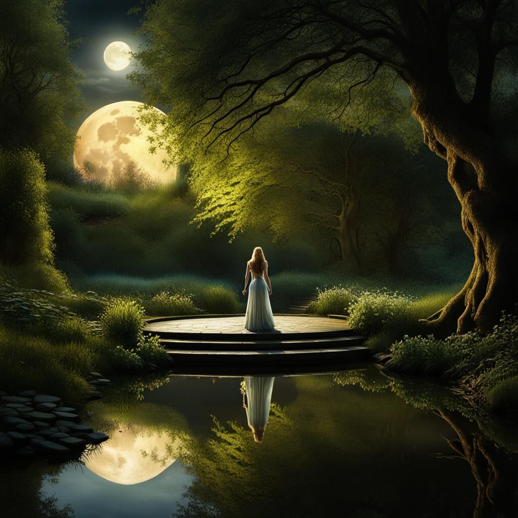 Celtic Woman Combing Hair by Moonlit Pond
