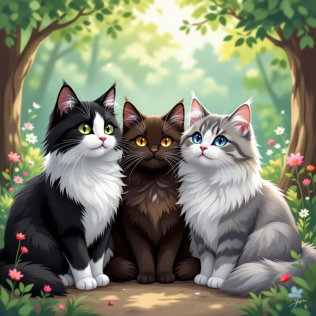 Three Cats in Whimsical Illustrative Style