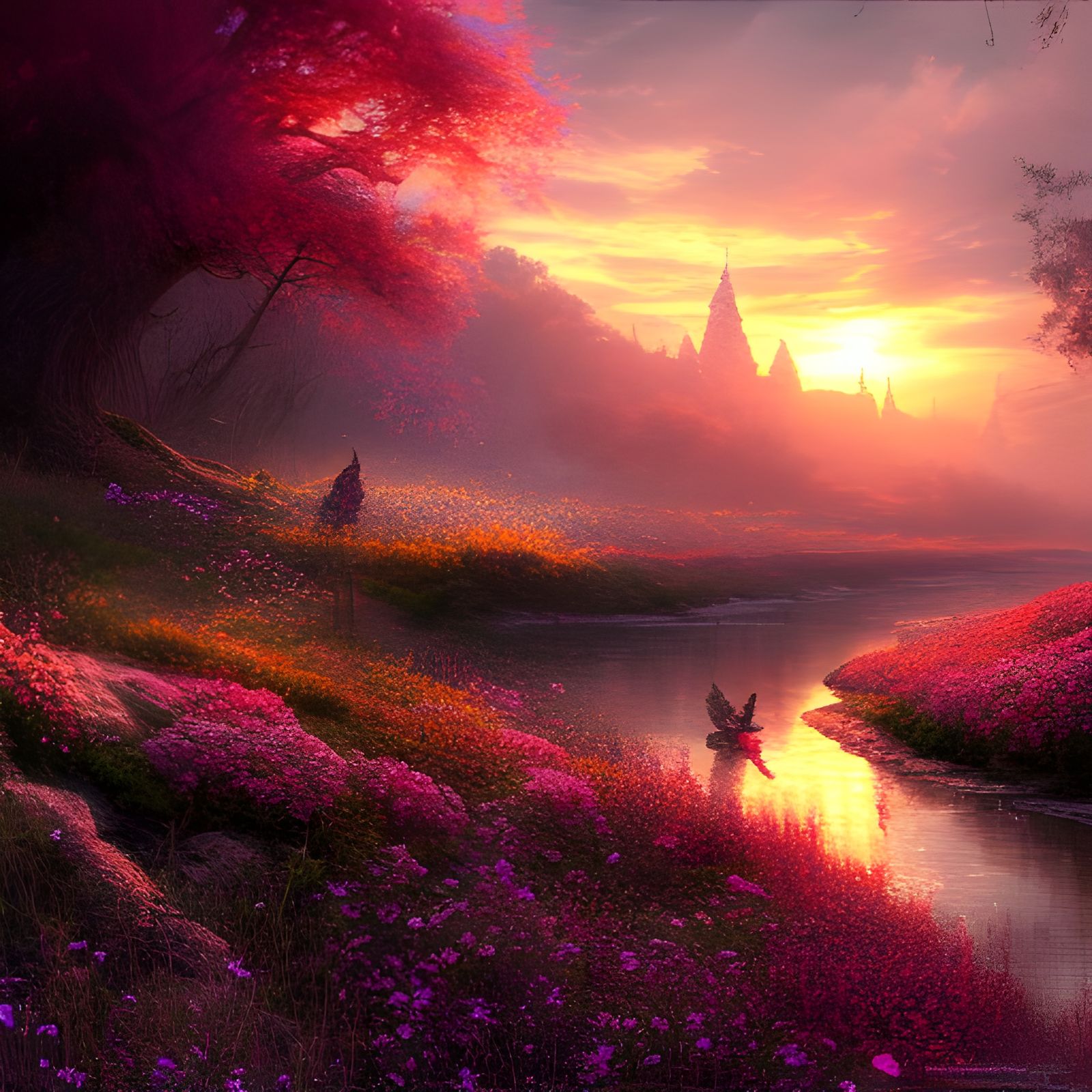 Enchanting River of Flowers at Sunset, Hyperdetailed Fantasy...