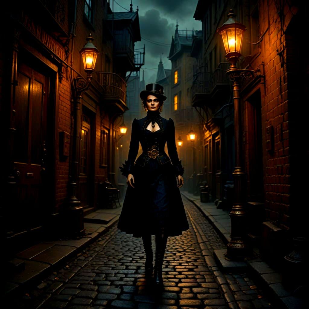 Gothic Steampunk Woman in Victorian Gaslit Alley