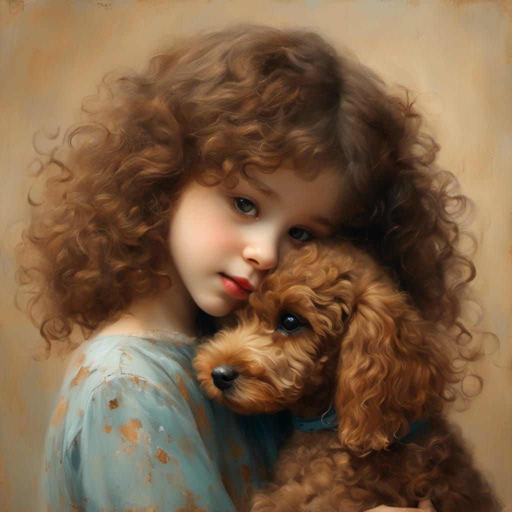Girl Cuddles Poodle Puppy in Soft Light