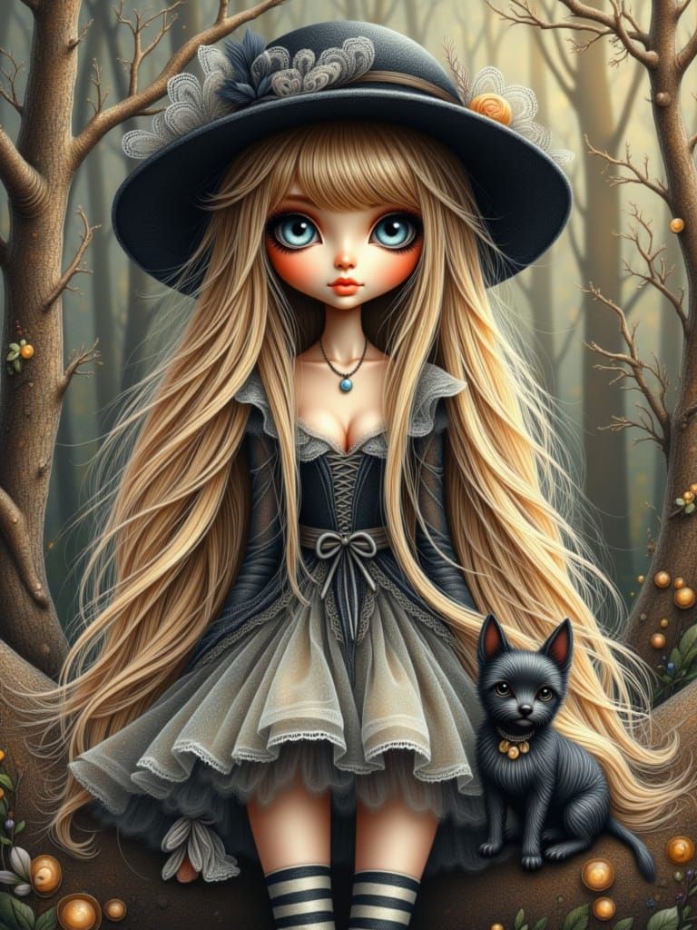 Cute Girl and Black Terrier in Whimsical Layered Dress