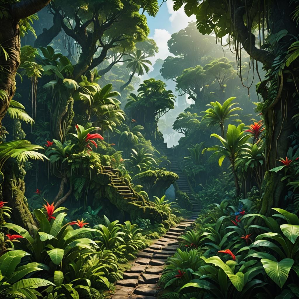 Lush Jungle Path to Tropical Island