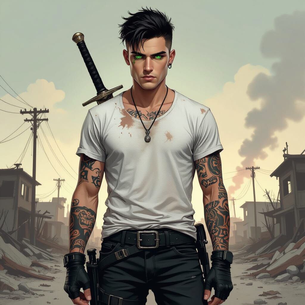 Apocalypse Survivor with Green Eyes in Realistic Style