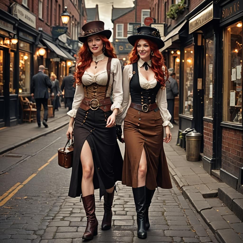Steampunk Streetwalker in Victorian Gaslight Scene