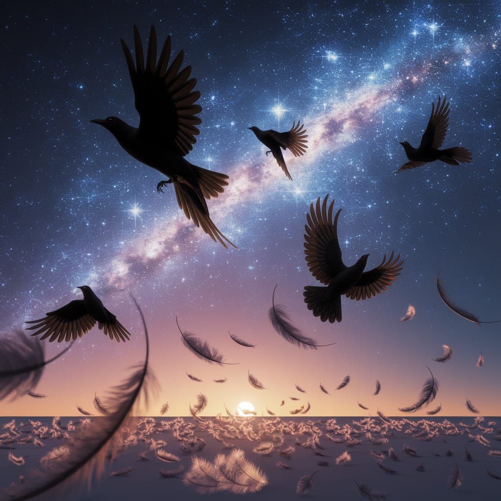 Ethereal Starry Night Sky with Ravens and Feathers