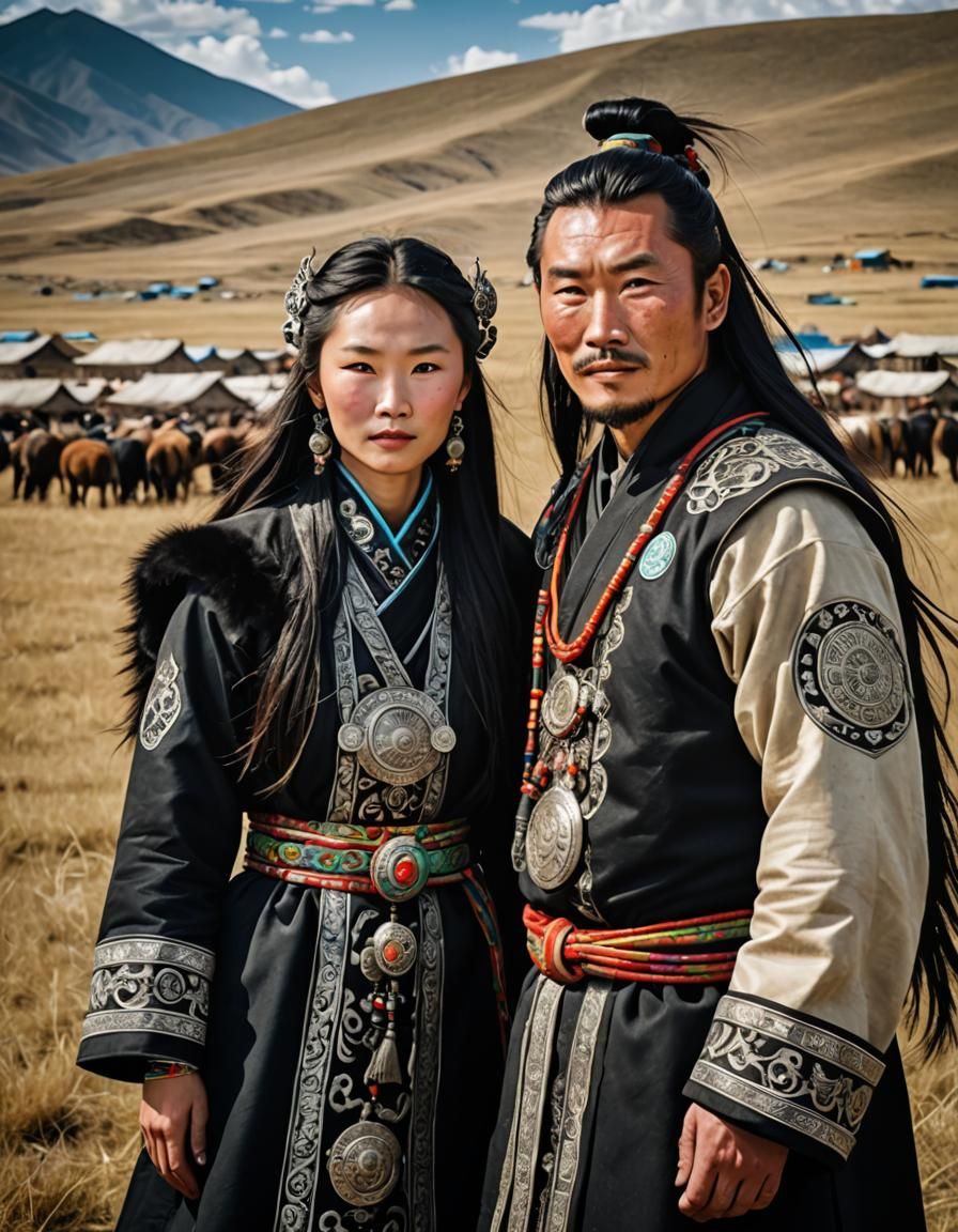 Mongolian Couple in Traditional Dress with Fantasy Backgroun...