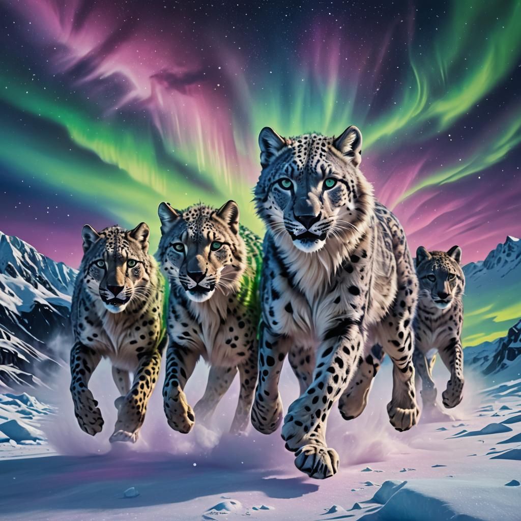 Wolf-Cheetah-Leopard Pack Runs Under Antarctic Aurora