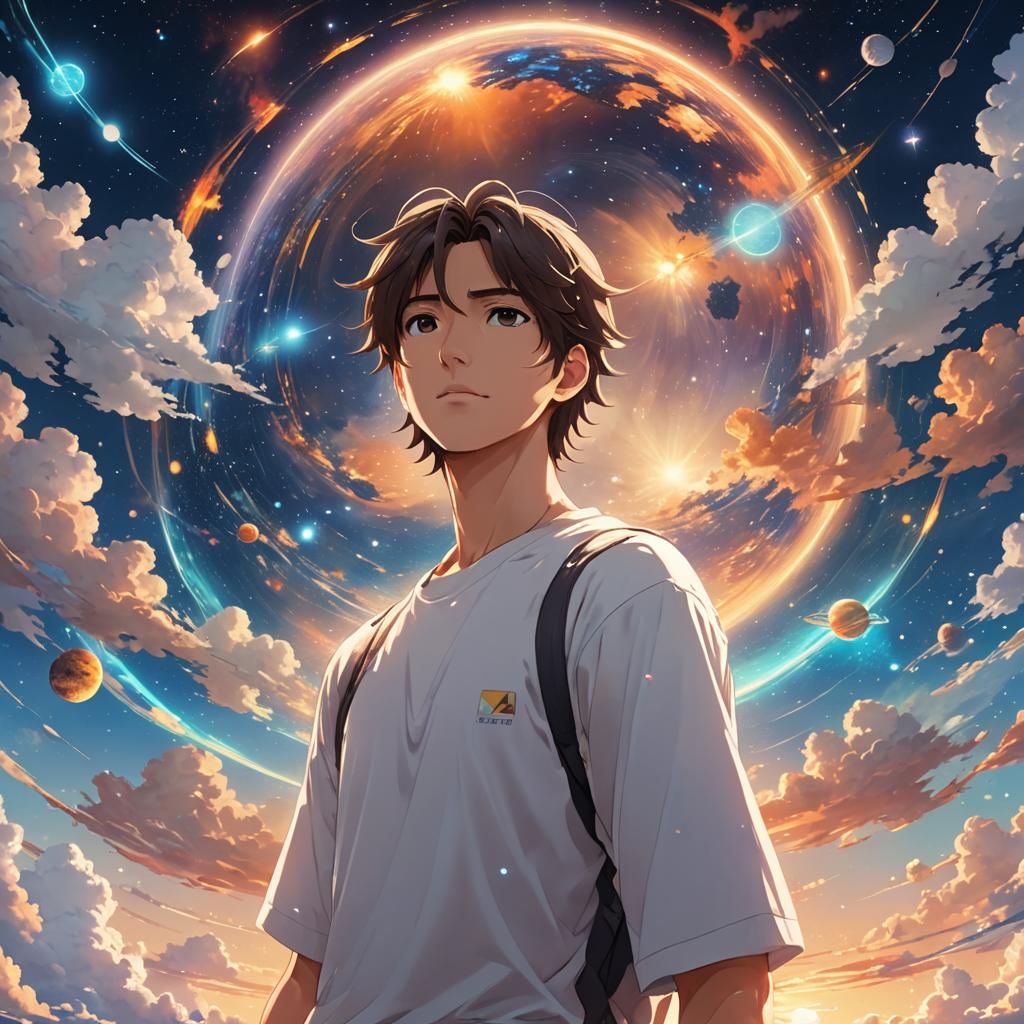 Anime Man with Universe Sky Background in 3D
