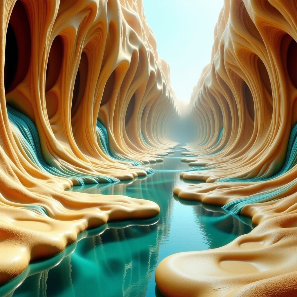 Surreal Extraterrestrial Landscape with Flowing Turquoise Fl...